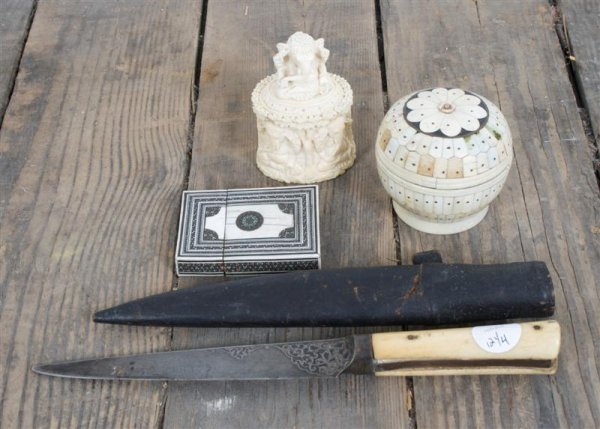 A Collection of Southeast Asian Articles, Length o: A Collection of Southeast Asian Articles, comprised of a bone handled dagger, a carved and lidded box with model of Ganesh at top, an inlaid card case and a tiled lidded circular box. Length of longes