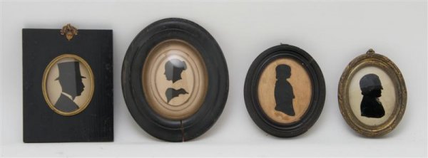 A Group of Four Silhouettes, Height of first 3 1/2: A Group of Four Silhouettes, the first a framed eglomise oval panel depicting Samuel Williams by Richard Jordin and dated 1780, the others depicting a young girl, a lady and a gentleman with a top hat