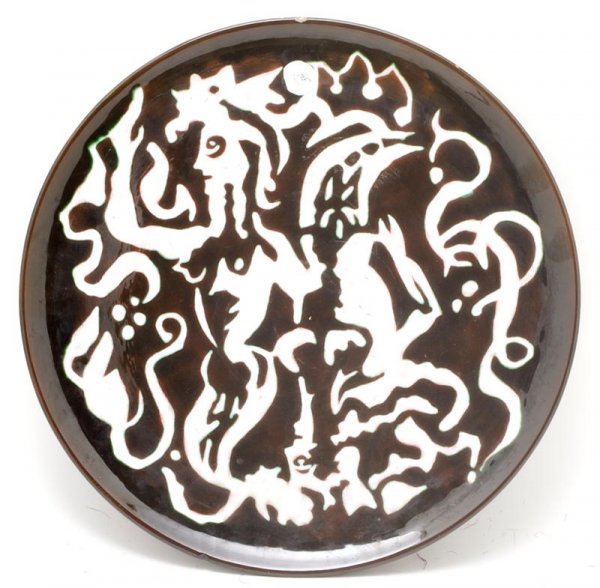 A Jean Lurcat Pottery Charger, Diameter 15 3/4 inc: A Jean Lurcat Pottery Charger, having white geometric decoration on dark brown ground. Diameter 15 3/4 inches. Property from the Estate of Leon and Marian Despres, Chicago, Illinois