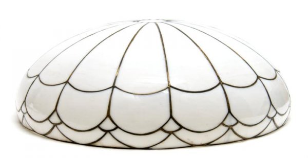 A Leaded Glass Light Fixture, Height 14 x diameter: A Leaded Glass Light Fixture, the opalescent glass dome suspended by a cast metal standard having ribbon and tassel decoration. Height 14 x diameter 23 1/4 inches.