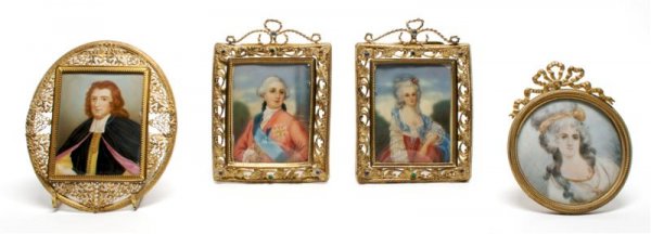 A Group of Four Portrait Miniatures, Height of tal: A Group of Four Portrait Miniatures, all contained in giltmetal frames, two depicting King Louis XVI and Marie Antoinette. Height of tallest 5 1/2 inches.