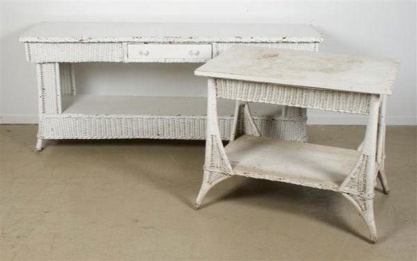 A Wicker Sideboard, Height of the first 30 3/4 x w: A Wicker Sideboard, the rectangular top over center drawer and above the open medial shelf, together with a rectangular wicker end table, each painted white. Height of the first 30 3/4 x width 72 x de