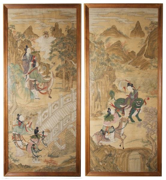 A Group of Two Framed Scroll Paintings, Height 55 : A Group of Two Framed Scroll Paintings, each depicting figures in a landscape with beasts. Height 55 3/4 x width 25 inches.