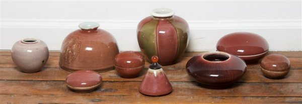 A Group of Nine Chinese Desk Articles, Height of t: A Group of Nine Chinese Desk Articles, comprised of paste boxes, low bowls and a figure of a monk. Height of tallest 7 1/4 inches. Property from the Estate of Mr. Melvin Bullard, Chicago, Illinois