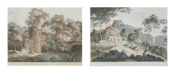 Thomas Daniell, (British, 1749-1840), Ruins at th: Thomas Daniell (British, 1749-1840) Ruins at the Antient City of Gour formerly on the Banks of the River Ganges and Raje Gaut The Principal Road up to Rotas Ghur, Bahar color aquatints 18 1/4 x