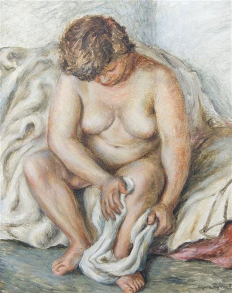 Edgar Britton, (American, 1901-1982), Nude After: Edgar Britton (American, 1901-1982) Nude After Bath oil on canvas signed and dated '89 (lower right) 19 x 15 1/2 inches.