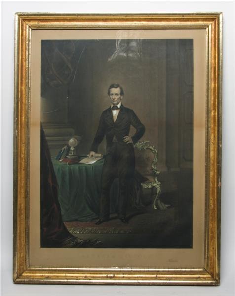 An Engraved Print of Abraham Lincoln, Height 29 1: An Engraved Print of Abraham Lincoln, depicted in a standing pose, Lincoln's face has been superimposed on the body of John C. Fremont. Height 29 1/4 x width 21 1/2 inches.