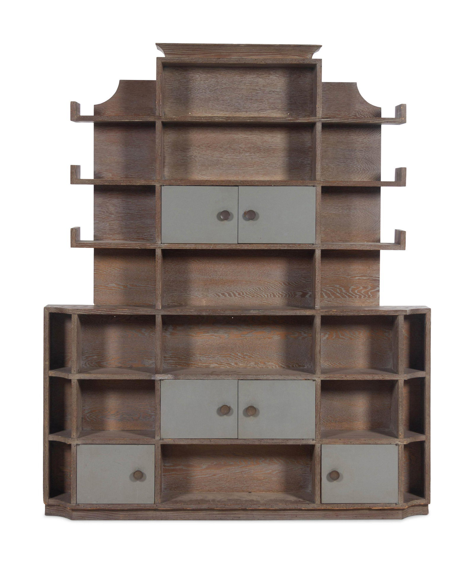 James Mont (Turkish-American, 1904-1974) Custom: James Mont (Turkish-American, 1904-1974) Custom Bookcase cerused oak, enameled wood, metal hardware H 74 x W 61 x D 7 inches.