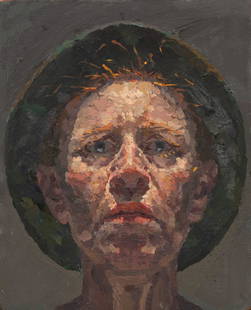 Susanna Coffey (American, b. 1949) Self-Portrait: Susanna Coffey (American, b. 1949) Self-Portrait (Camouflage Hat), 1996 oil on canvas signed, titled and dated (verso) 7 1/2 x 6 inches. Provenance: Tibor de Nagy Gallery, New York Property from
