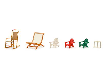 Vitra 21st Century Collection of Two Miniatures, c.: Vitra 21st Century Collection of Two Miniatures, c. 2000 mixed media Collection includes miniature models of 'Butaque' Chair by Clara Porset / Luis Barragan, 'Rocking Chair' by Shaker Community, toget