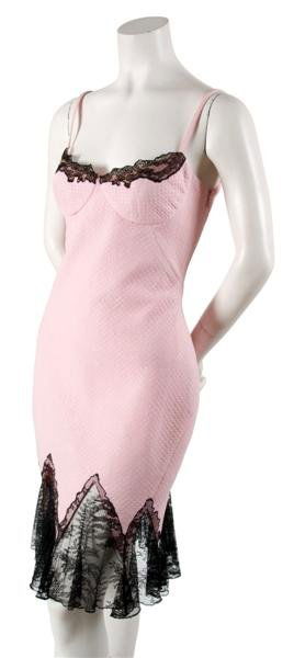 A Gianni Versace Pink and Black Lace Dress, Size 4: A Gianni Versace Pink and Black Lace Dress, very fitted with lace inserts at bust and hemline. Labeled: Gianni Versace. Size 44.