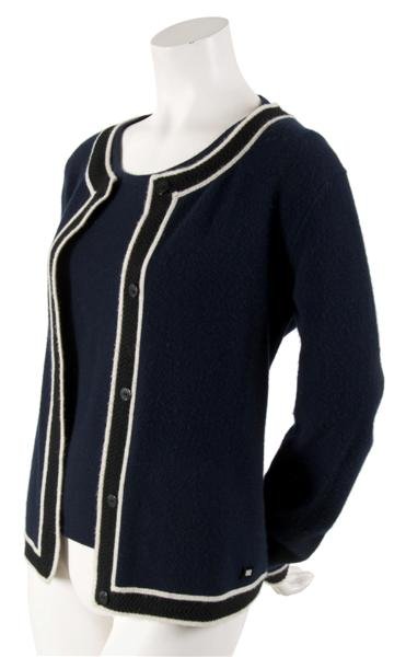 A Chanel Navy Cashmere Sweater Set, Size 46.: A Chanel Navy Cashmere Sweater Set, with cream and black trim. Labeled: Chanel. Size 46.