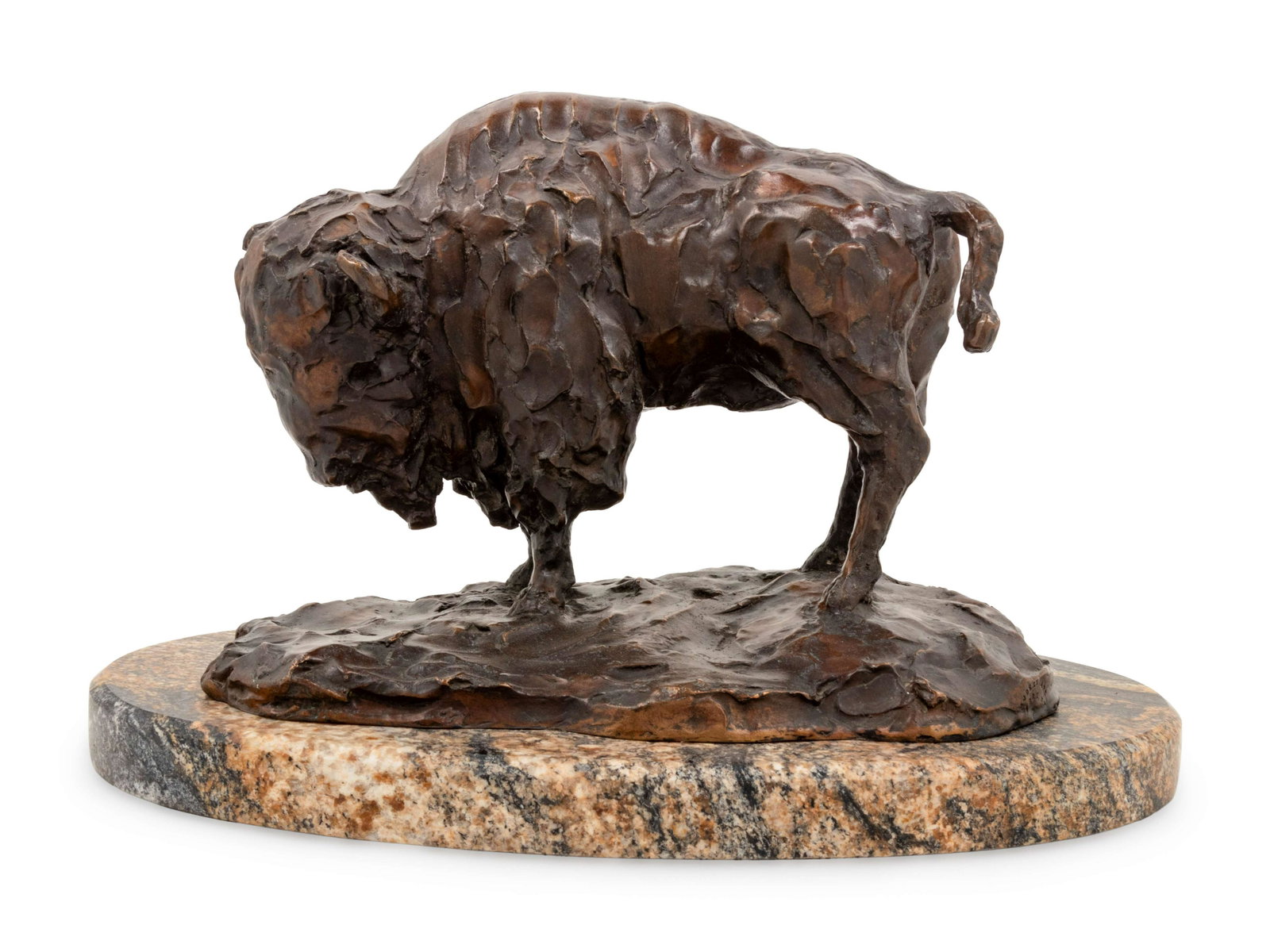 Agnes Yarnall (American, 1904-1998): Agnes Yarnall (American, 1904-1998) Bison bronze on marble base signed Yarnall Height overall 10 1/2 x length of marble base 17 1/4 inches. Patricia Ann Black Smyth (1925-2018) was born in Kansas City