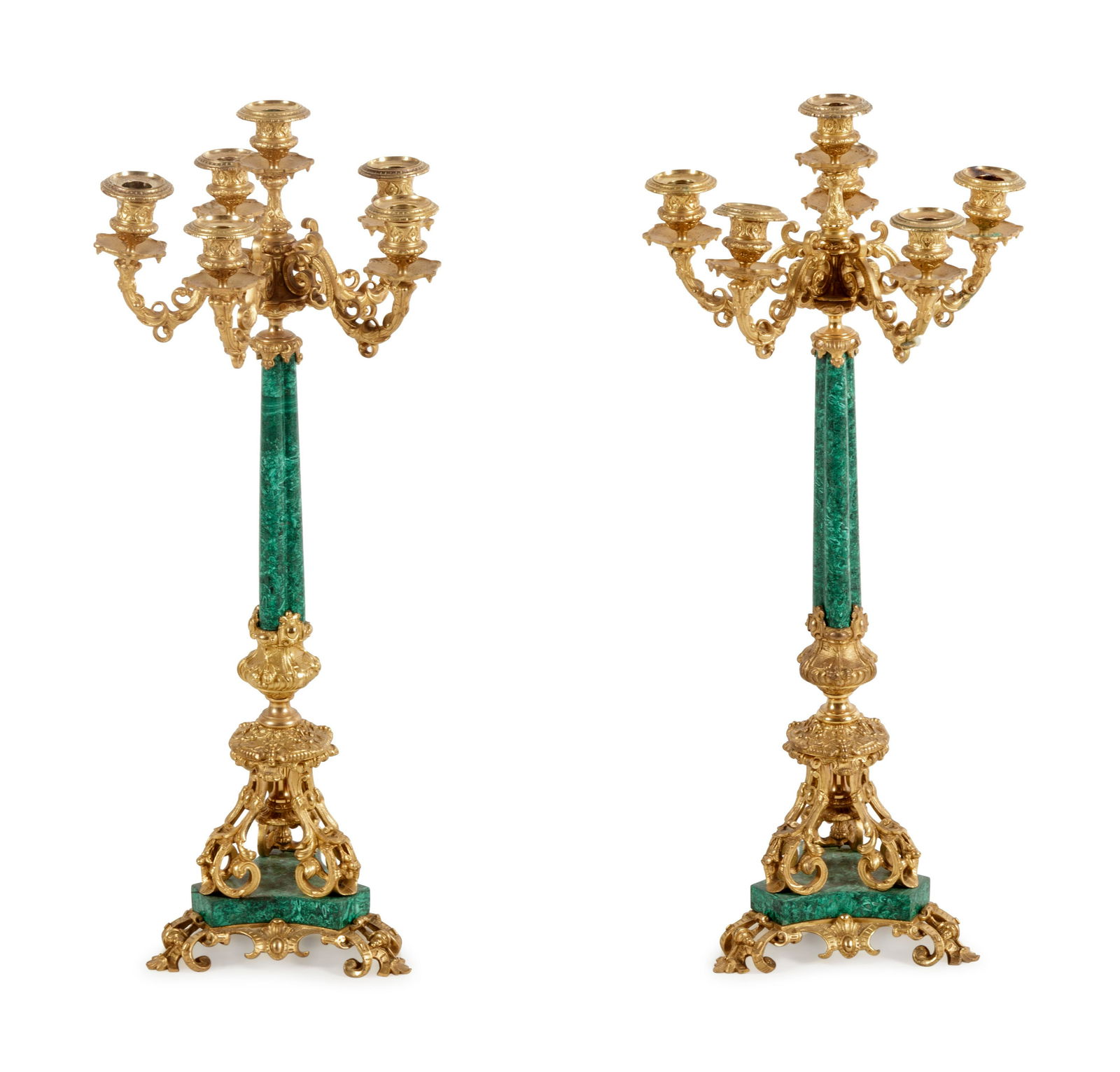 A Pair of French Gilt Bronze and Malachite Six-Light (1 of 4)