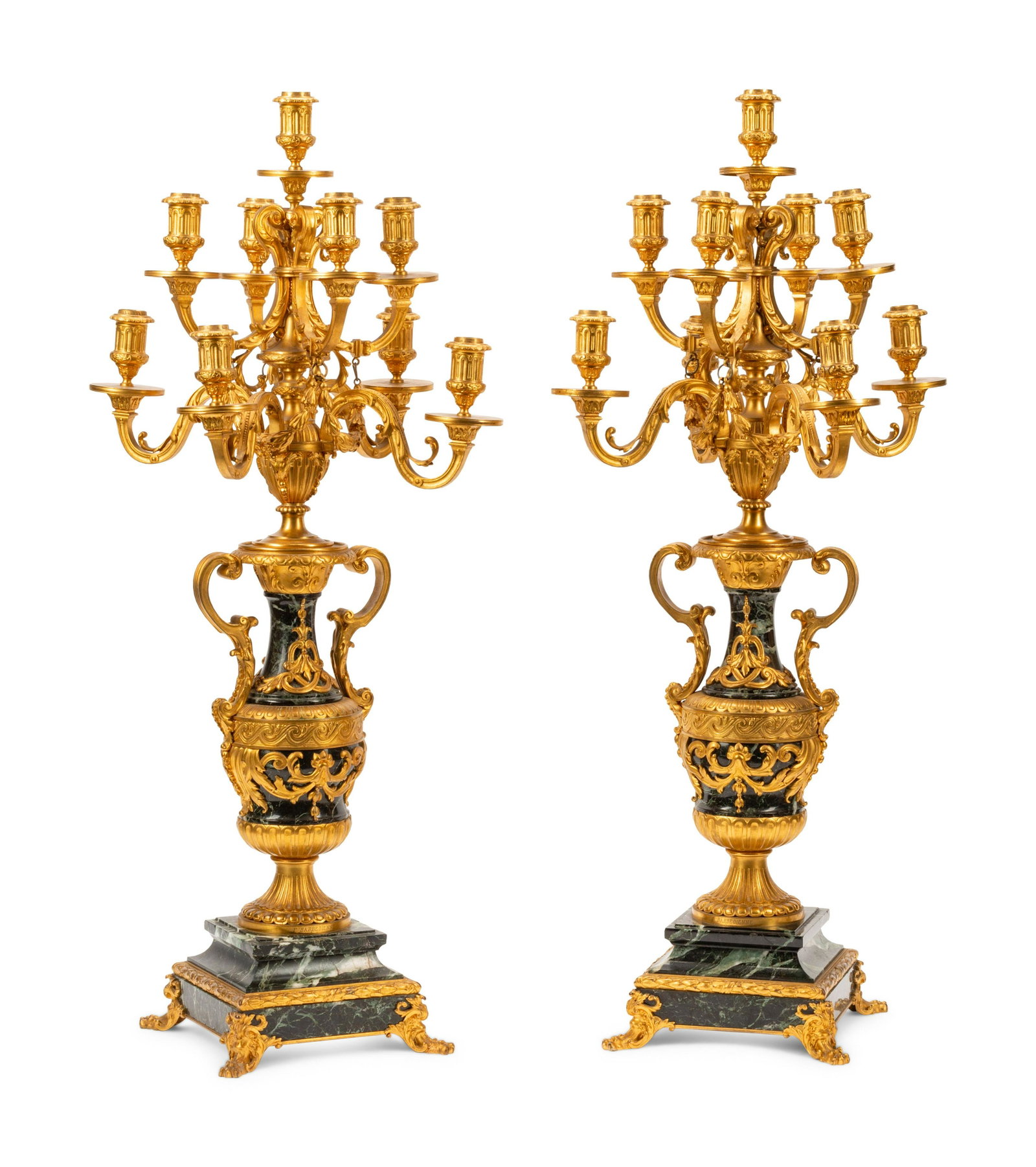 A Pair of Napoleon III Gilt Bronze and Marble: A Pair of Napoleon III Gilt Bronze and Marble Nine-Light Candelabra 19th Century Height 35 inches.