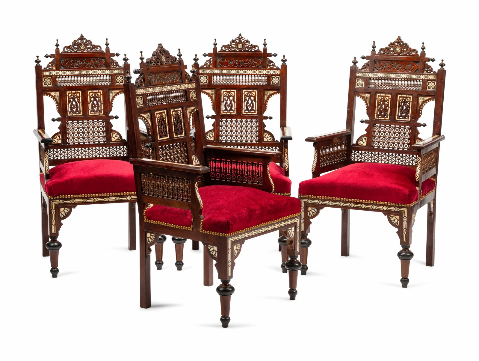 A Set of Four Moorish Style Bone and Mother-of-Pearl: A Set of Four Moorish Style Bone and Mother-of-Pearl Inlaid Armchairs 20th Century Height 45 x width 23 x depth 20 inches.