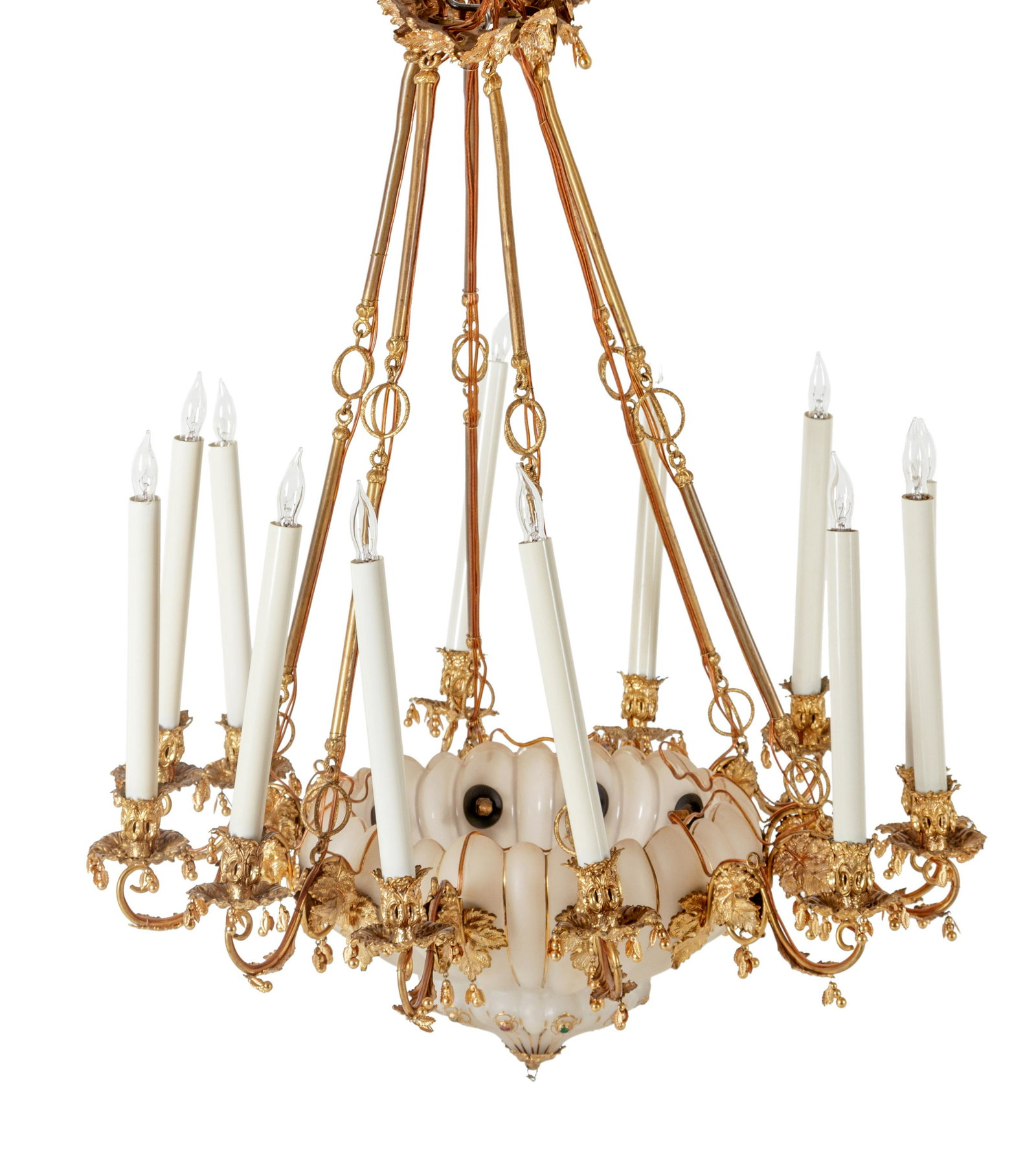 A Continental Gilt Metal and Jeweled Opaline Glass: A Continental Gilt Metal and Jeweled Opaline Glass Twelve-Light Chandelier Late 19th Century Height 30 x diameter 29 inches. Property from a Private Collection, Detroit, Michigan