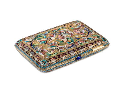 A Russian Shaded Enamel Silver-Gilt Cigarette Case: A Russian Shaded Enamel Silver-Gilt Cigarette Case Mark of M. Zorin, Moscow, Circa 1900 marked with '84' standard on case exterior 4 ozt 18 dwt gross (152.4 g) Width 3 7/8 inches. Property from the Co