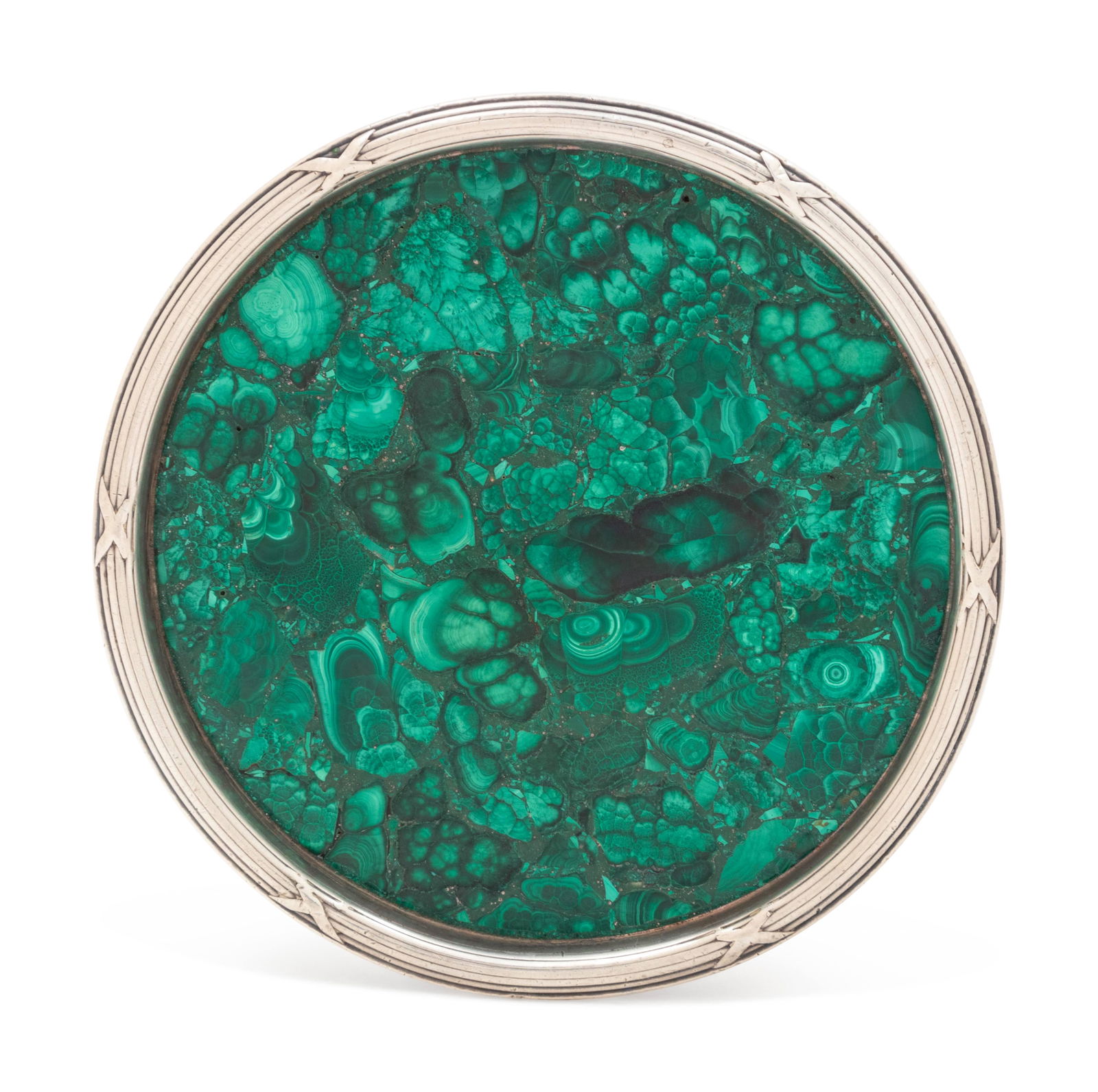 A Faberge Silver and Malachite Coaster: A Faberge Silver and Malachite Coaster Mark of Karl Gustaf Hjalmar Armfeldt, St. Petersburg, Circa 1910 marked 'Faberge' in Cyrillic with '88' standard to underside Diameter 3 1/2 inches. Property fro