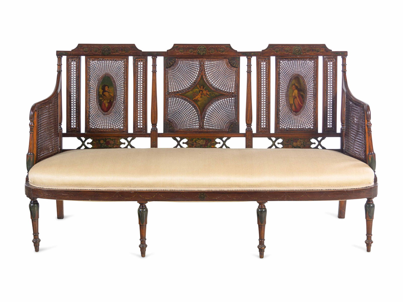 An Edwardian Painted Satinwood Caned Settee (1 of 4)