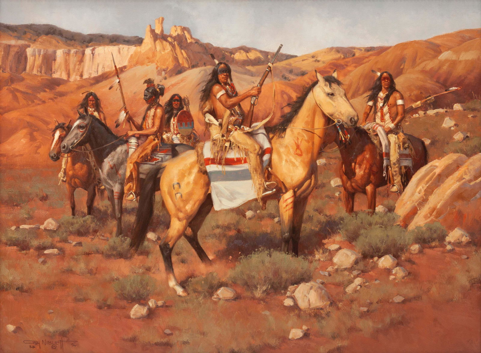 Gary Niblett (American, b. 1943) Badland Renegades: Gary Niblett (American, b. 1943) Badland Renegades oil on canvas signed Gary Niblett (lower left) 36 x 48 inches Property from the Collection of Mr. Lawrence H. Kyte, Cordillera, Colorado