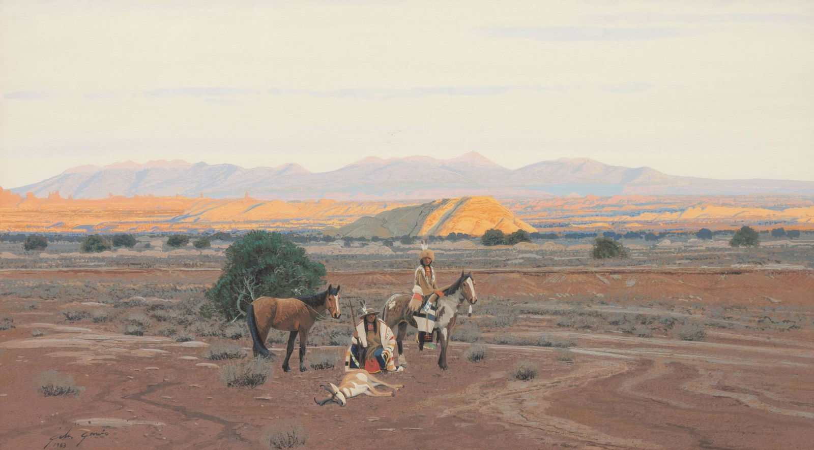 John Jarvis (American, b. 1946) Prairie Hunt, 1983: John Jarvis (American, b. 1946) Prairie Hunt, 1983 gouache on paper signed John Jarvis (lower left) 12 x 21 1/2 inches