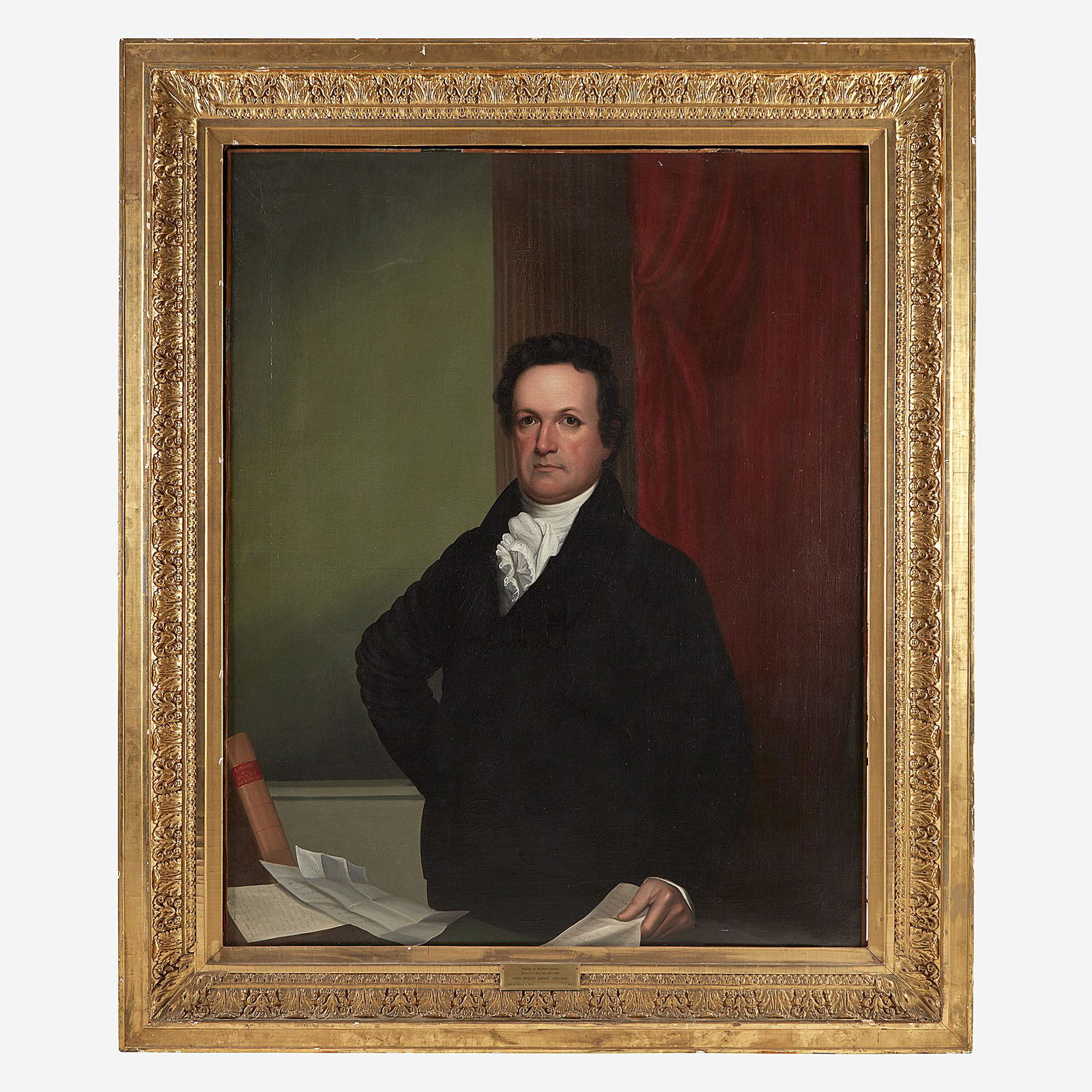 After John Wesley Jarvis (1781-1839) Portrait of DeWitt: After John Wesley Jarvis (1781-1839) Portrait of DeWitt Clinton (1769-1828) Retaining old museum plaque to frame and museum labels verso, oil on canvas, framed. (50 in. x 40 in. (sight)) Provenance