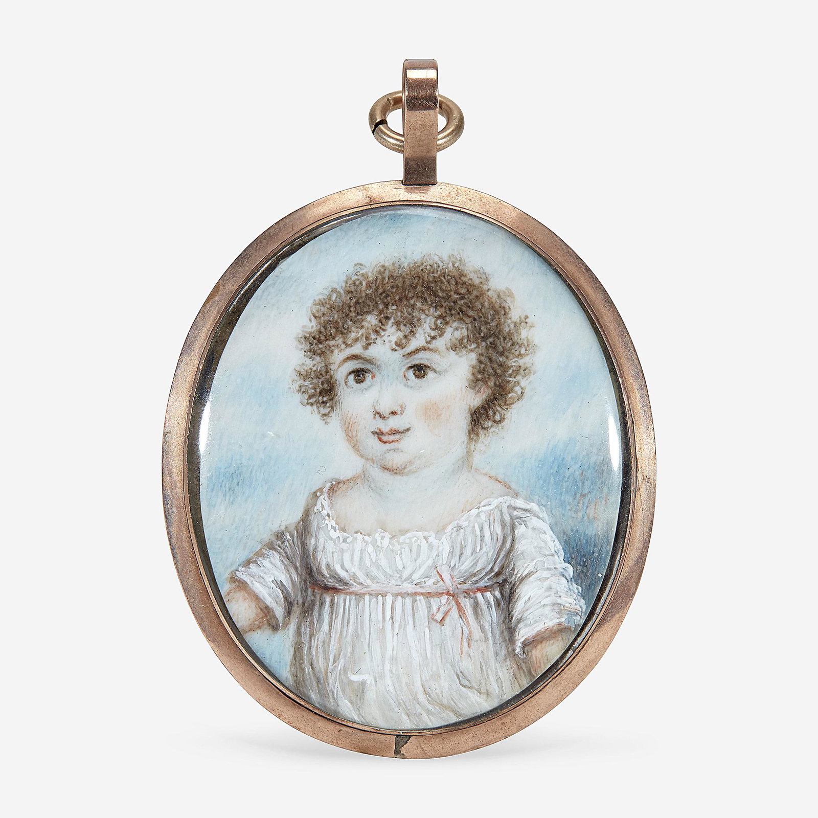 English School 19th century Portrait Miniature of a: English School 19th century Portrait Miniature of a Child with Short Curls in a White Dress Watercolor, gold locket case, with woven hair and gold cipher at back. (1 13/16 in. x 1 3/8 in. (sight)) Pro