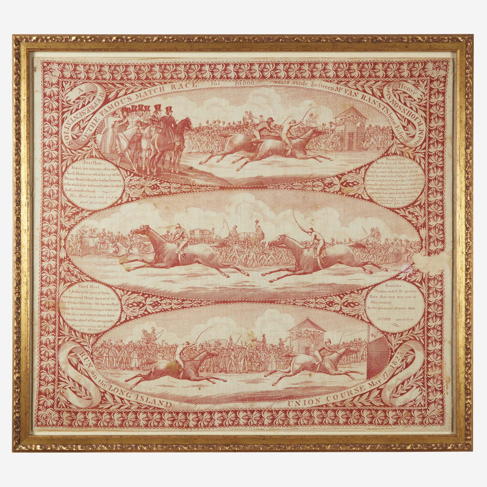 A copperplate-printed handkerchief depicting Famous: A copperplate-printed handkerchief depicting Famous Match Race, Union Course 1823 Inscribed, "A representation of the famous match race for 20,000 dollars aside between Mr. Van Ranst horse Eclipse and