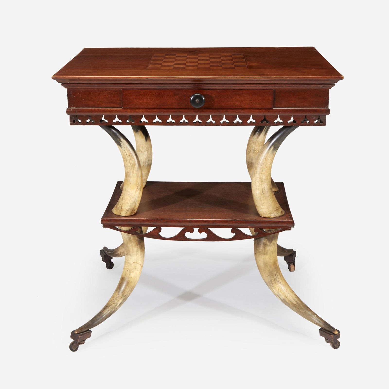A carved and inlaid walnut and steer horn side table (1 of 3)