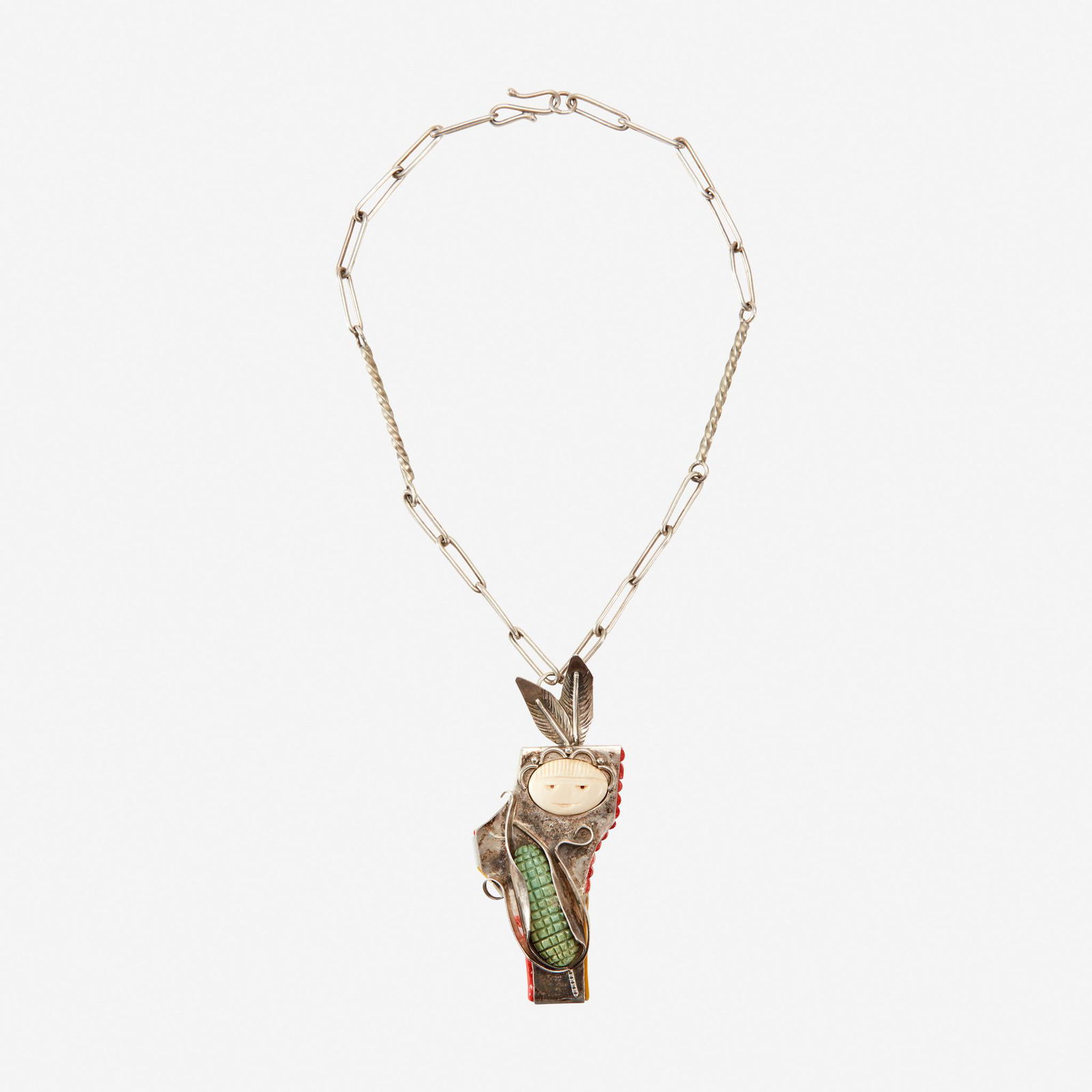 A Southwest sterling necklace Buddy Lee Mossman: A Southwest sterling necklace Buddy Lee Mossman (1941-2018), Pojoaque, New Mexico Marked on verso, "Sterling Buddy Lee," worked with bone, coral and abalone. (L: 12 in. (fully extended with both sides