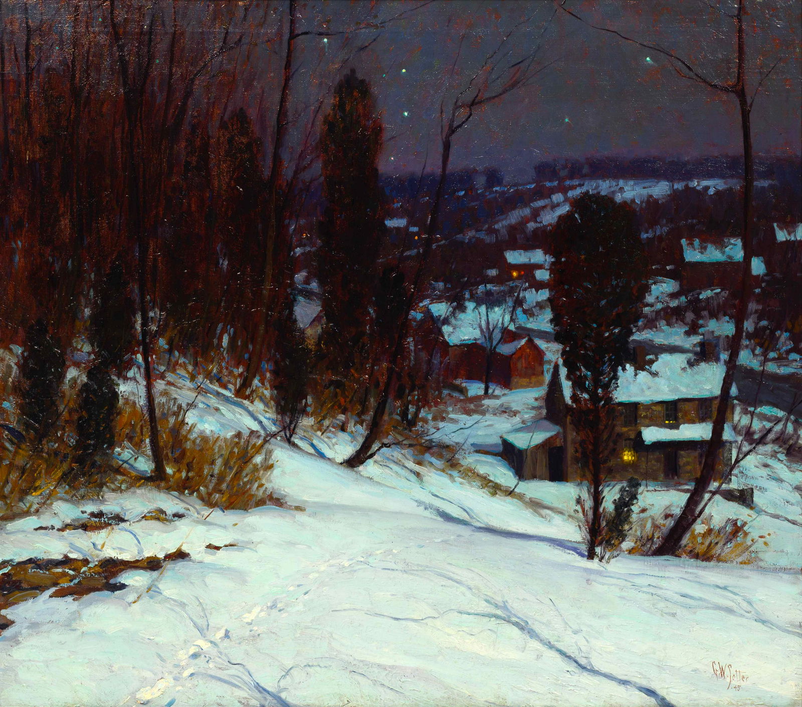 George William Sotter (American, 1879-1953) Winter: George William Sotter (American, 1879-1953) Winter Night, 1945 oil on canvas signed G.W. Sotter and dated (lower right) 32 x 36 inches. Property from the Collection of a Lady, Massillon, Ohio