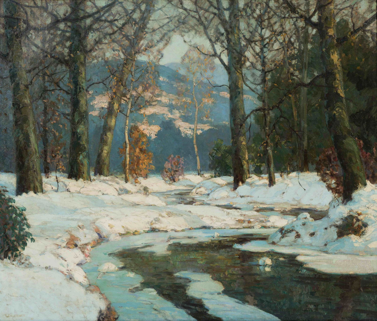 Walter Koeniger (American/German, 1881-1943) Winter: Walter Koeniger (American/German, 1881-1943) Winter Stream oil on canvas signed W. Koeniger (lower left) 37 ½ x 44 ¼ inches. Property from the Collection of Leonard Stark, Chicago, Illinois