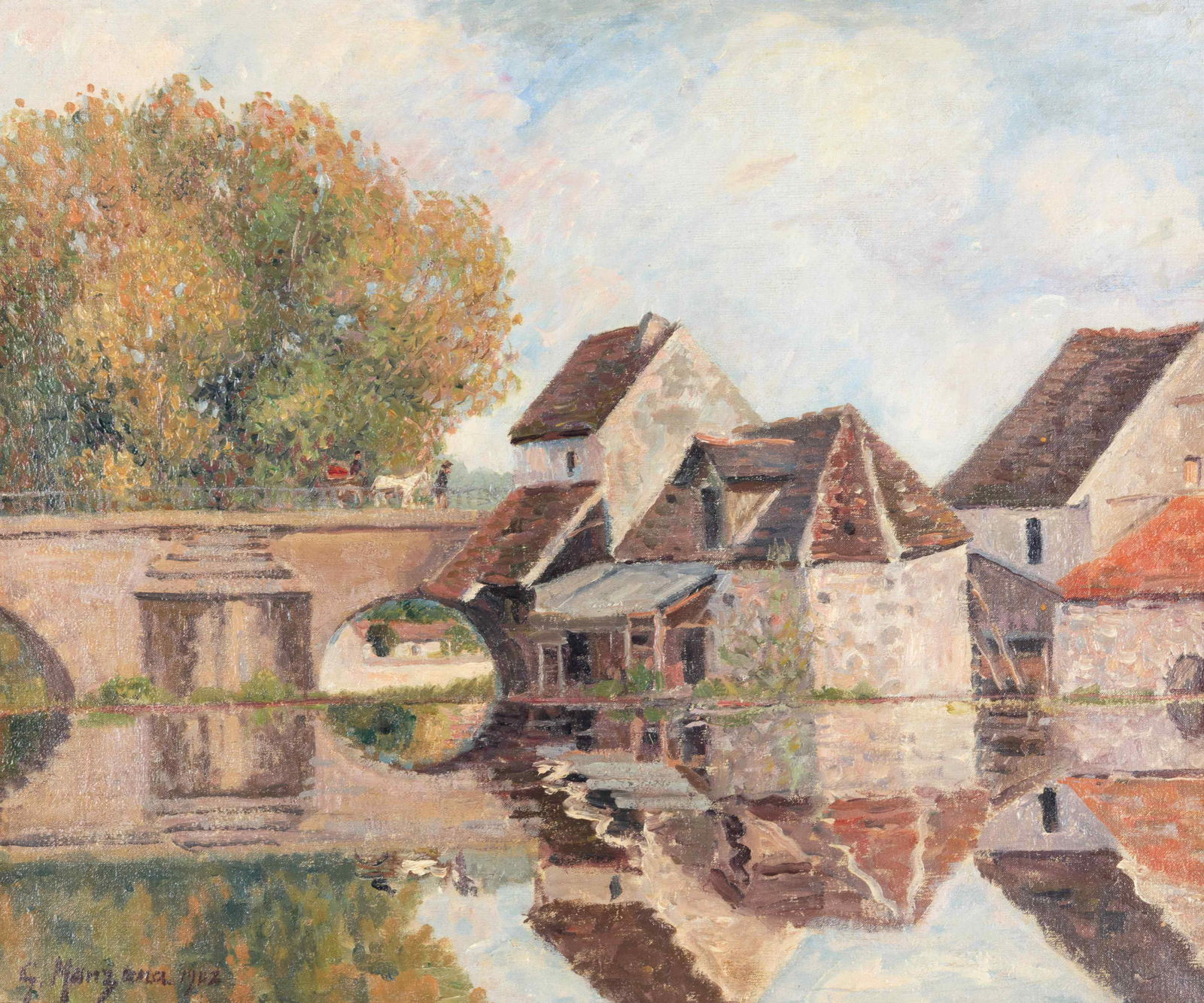 Georges Manzana-Pissarro (French, 1871-1961) Petit: Georges Manzana-Pissarro (French, 1871-1961) Petit Lavoir du Pont Pierre, Moret-sur-Loing, 1902 oil on canvas signed G Manzana and dated (lower left) 21 ½ x 25 ½ inches. The authenticity of