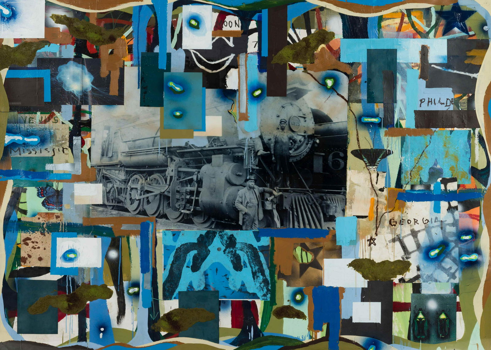 Radcliffe Bailey (American, b. 1968) Untitled, 2002: Radcliffe Bailey (American, b. 1968) Untitled, 2002 mixed media and collage on paper signed Radcliffe Bailey and dated (verso) 58 3/4 x 81 1/4 inches.