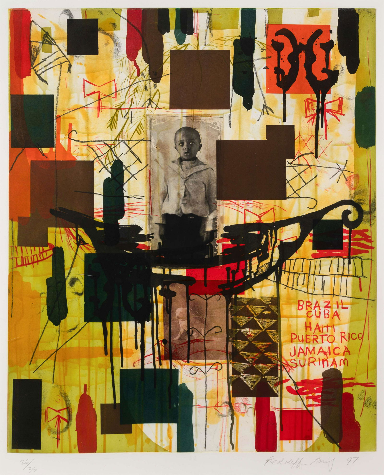 Radcliffe Bailey (American, b. 1968 Until I Die / Minor: Radcliffe Bailey (American, b. 1968 Until I Die / Minor Keys, 1997 color spitbite and sugarlift aquatint with soft ground etching, drypoint, photogravure and chine colle on Somerset white paper signed