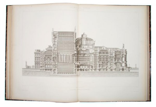 GARNIER, CHARLES. Le Nouvel Opera de Paris. Pari: GARNIER, CHARLES Le nouvel opera de Paris. Paris: Ducher et Cie, [text volumes] 1878, 1881, [atlas volumes] 1880. 4 vols. (2 text, 2 atlas), quarter morocco over marbled boards, marbled endpapers, eng