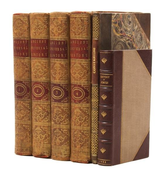 (BINDINGS) A group of three titles in six volumes,: (BINDINGS) A group of three titles in six volumes, circa 17th - 18th centuries. The History of Justin, Taken out of the Four and Forty Books of Trogus Pompeius. London: printed for William Whitwood, 1