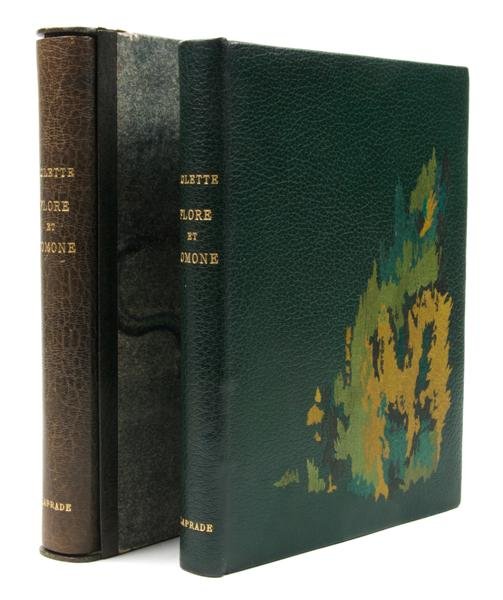 (FINE BINDINGS, LEVY) COLETTE. Flore et Pomone. Pa: (FINE BINDINGS, LEVY) COLETTE Flore et Pomone. Paris: Editions de la Galerie Charpentier, 1943. 4to, full green morocco with green sewn design to front cover, in matching chemise and slipcase, soft le