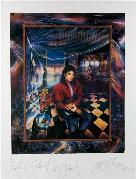 JACKSON, MICHAEL: JACKSON, MICHAEL Autographed lithograph poster. Also signed by the artists Brett L. Strong. Limited edition, 60/375.