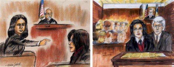 JACKSON, MICHAEL Size of largest frame 22 1/3 x 25: JACKSON, MICHAEL A collection of two original courtroom drawing by Emmy award-winning courtroom artist Verna Sadok. Pastel on paper. Sadok spent four days sketching Jackson during the pop star's crimi