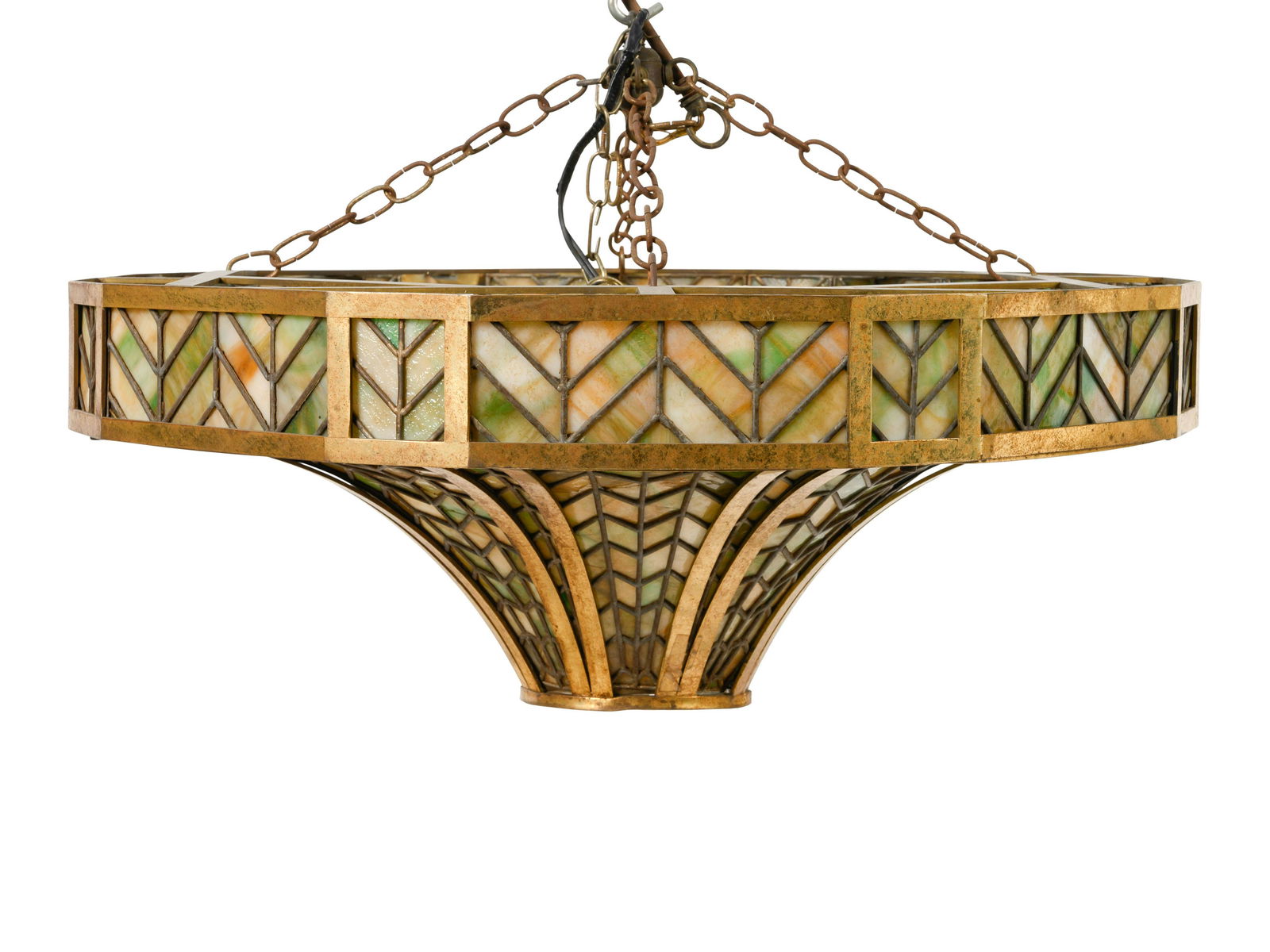 A Tiffany Style Brass and Colored Glass Hanging Light (1 of 3)