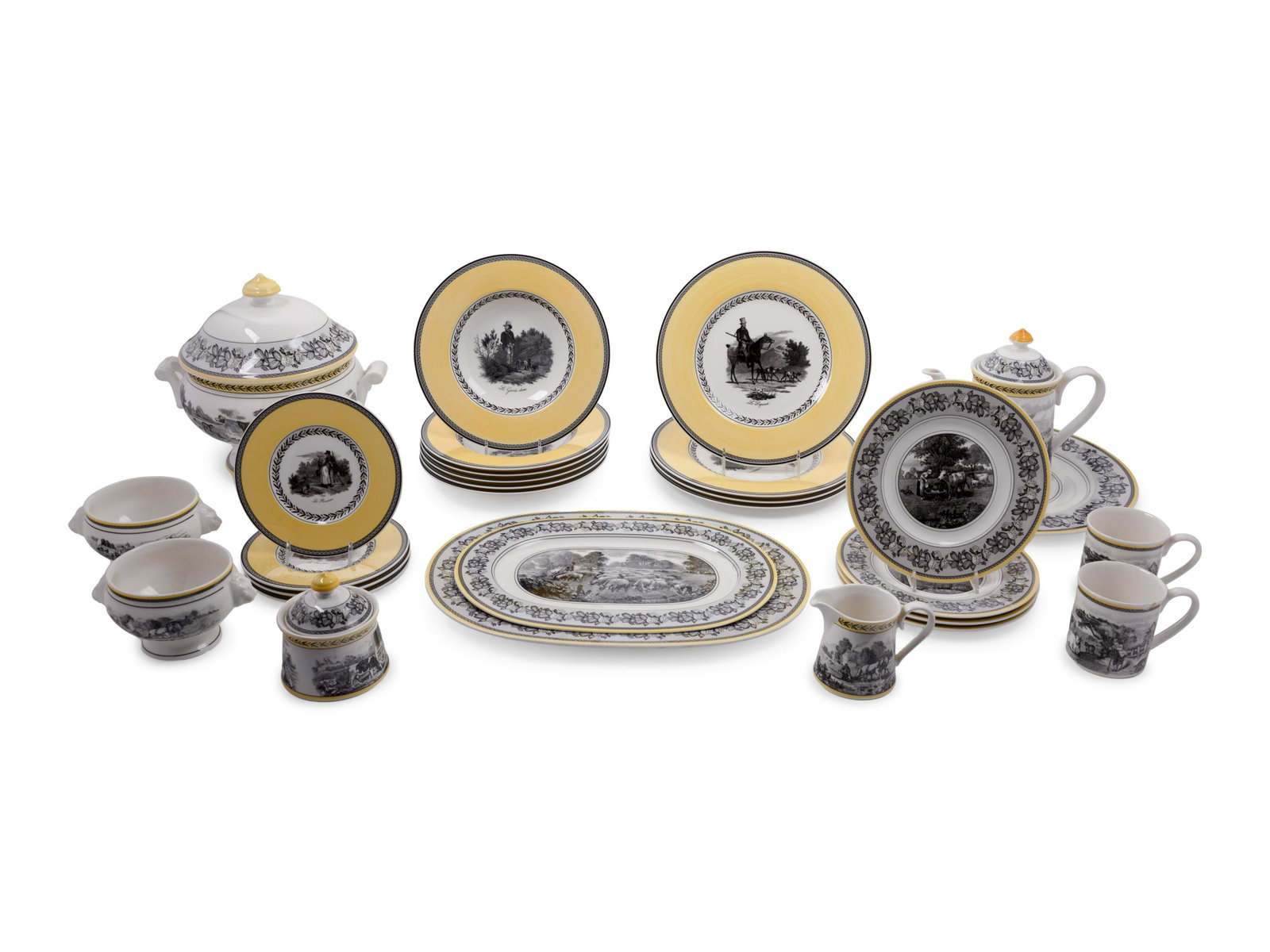 A Villeroy & Boch Audun Chasse Dinner Service: A Villeroy & Boch Audun Chasse Dinner Service 20th Century comprising: 4 dinner plates 4 salad plates 4 bread plates 6 shallow bowls 4 soup bowls 4 coffee cups 1 coffee pot 1 creamer 1 covered su