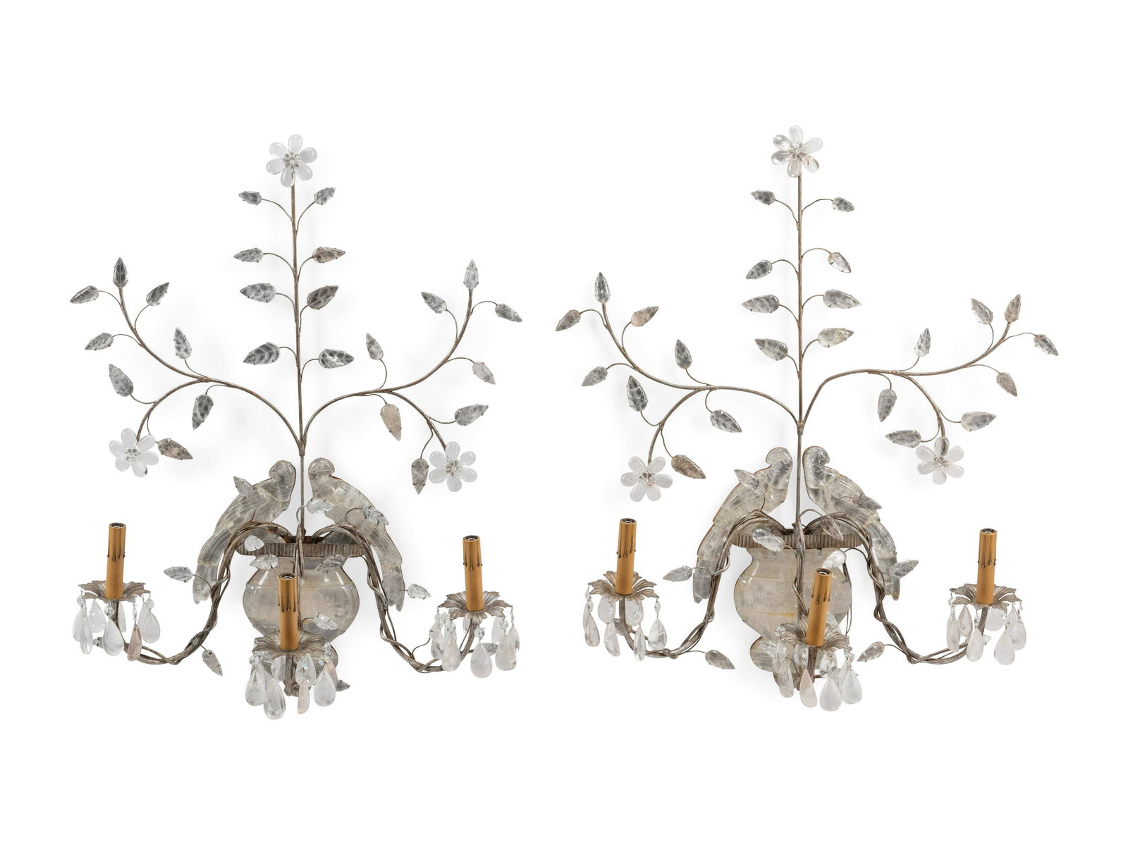A Pair of Silvered Wood and Rock Crystal Three-Light (1 of 4)