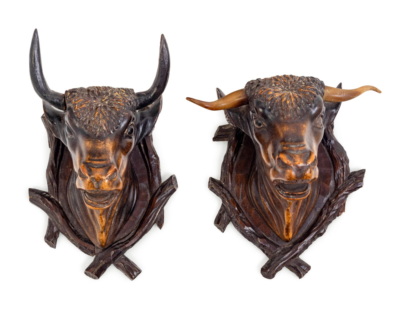 A Pair of Black Forest Carved Wood Bull Wall Mounts (1 of 2)