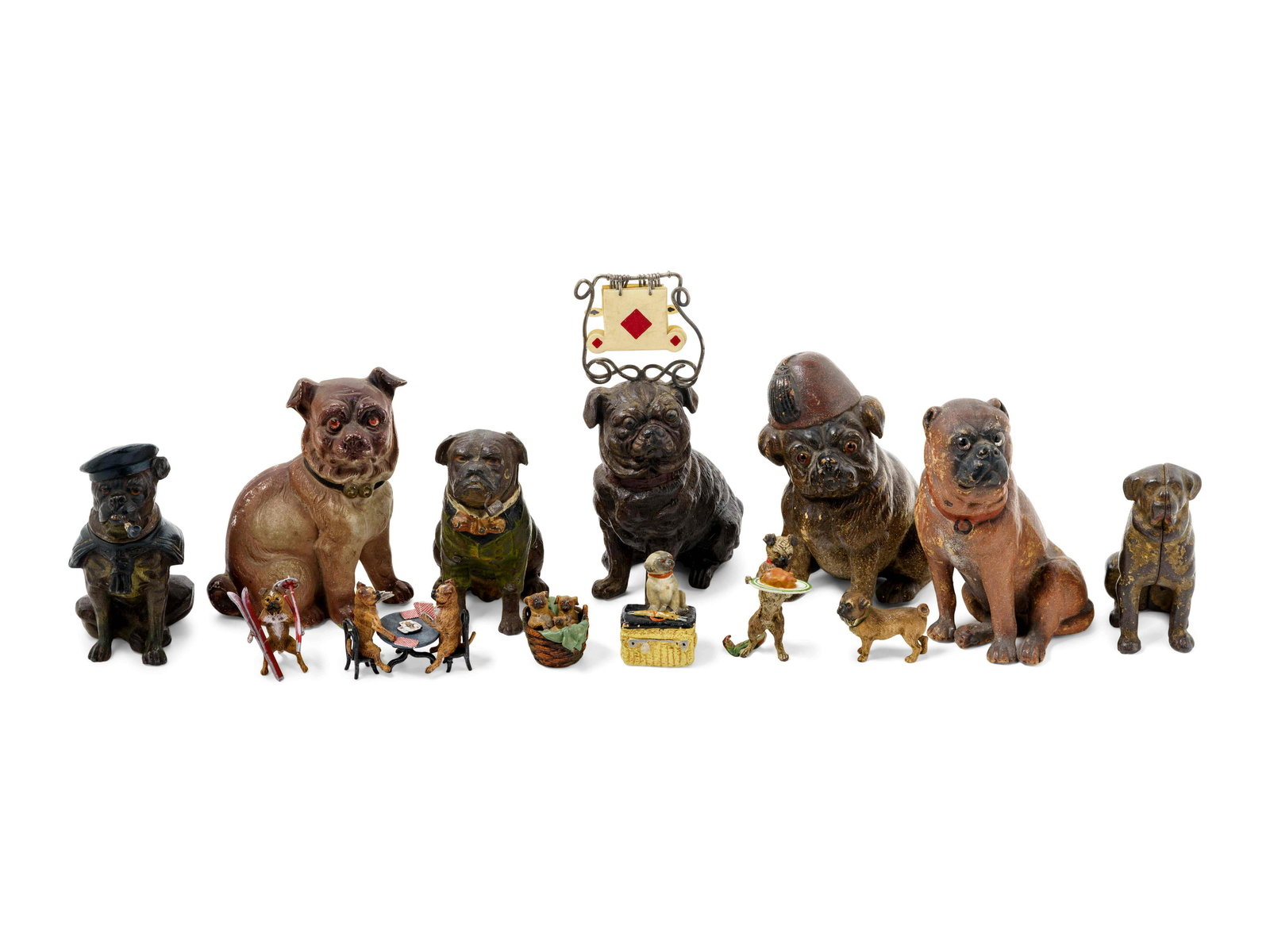A Collection of Painted Bronze and Ceramic Models of: A Collection of Painted Bronze and Ceramic Models of Pugs 13 items total. Height of tallest example 6 1/2 inches. Property from The Estate of Heather Graham Glickman, Chicago, Illinois