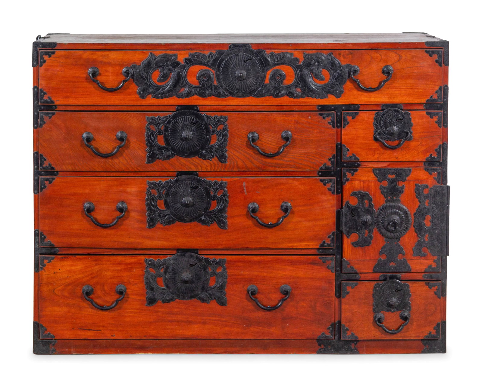 A Japanese Metal Mounted Elm Sendai Chest: A Japanese Metal Mounted Elm Sendai Chest 20th Century Height 34 1/2 x width 45 1/4 x depth 17 inches. Provenance: Kiku Imports, San Carlos, California Property from the Collection of Paul M. Bentley,