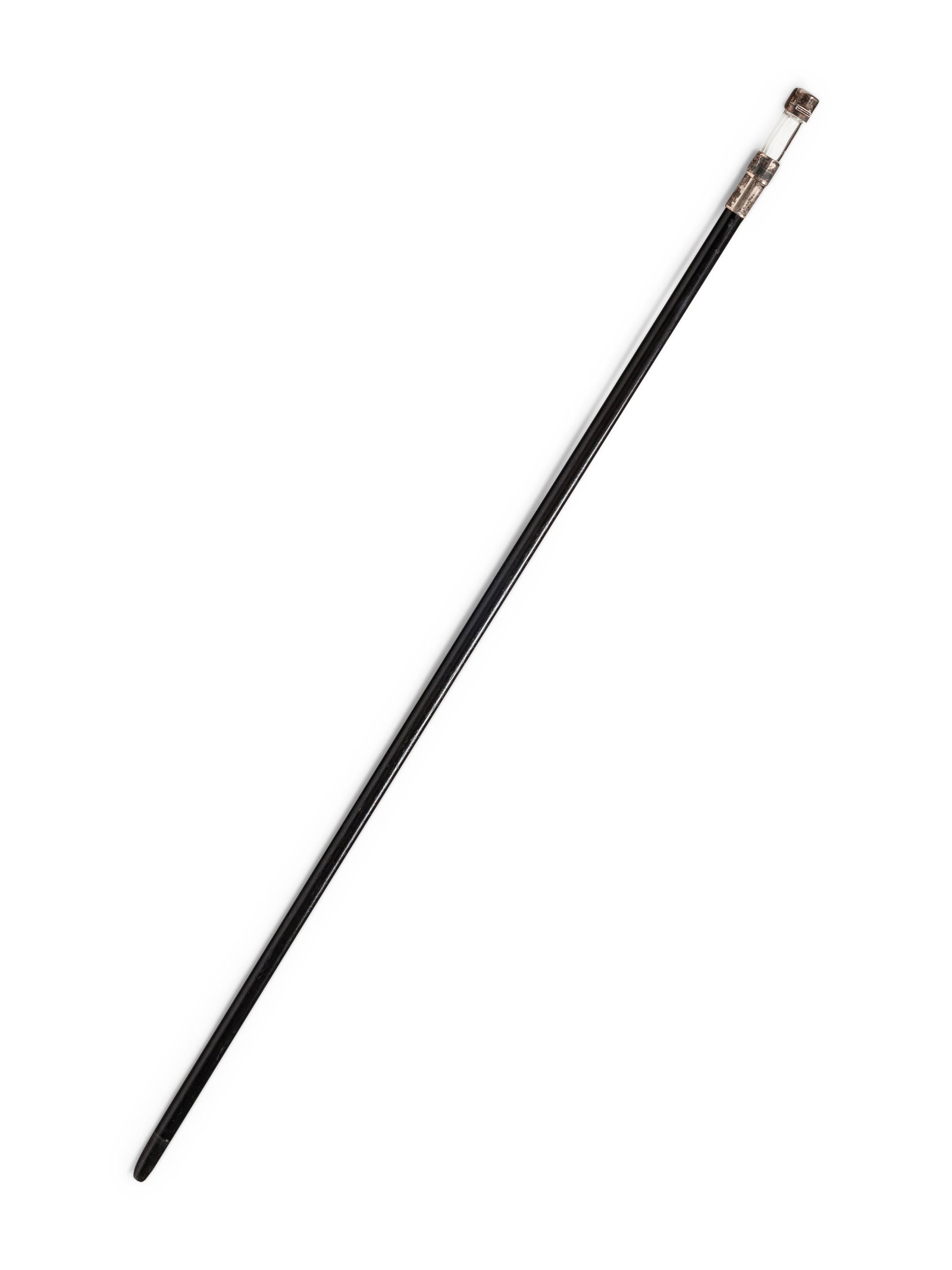 An English Silver-Mounted Ebony Scent Flask Walking: An English Silver-Mounted Ebony Scent Flask Walking Stick Levi & Salaman, Birmingham, 1913 the shaft ending in an ebonized bone ferrule. silver mounts hallmarked for Sterling Height 35 inches. P
