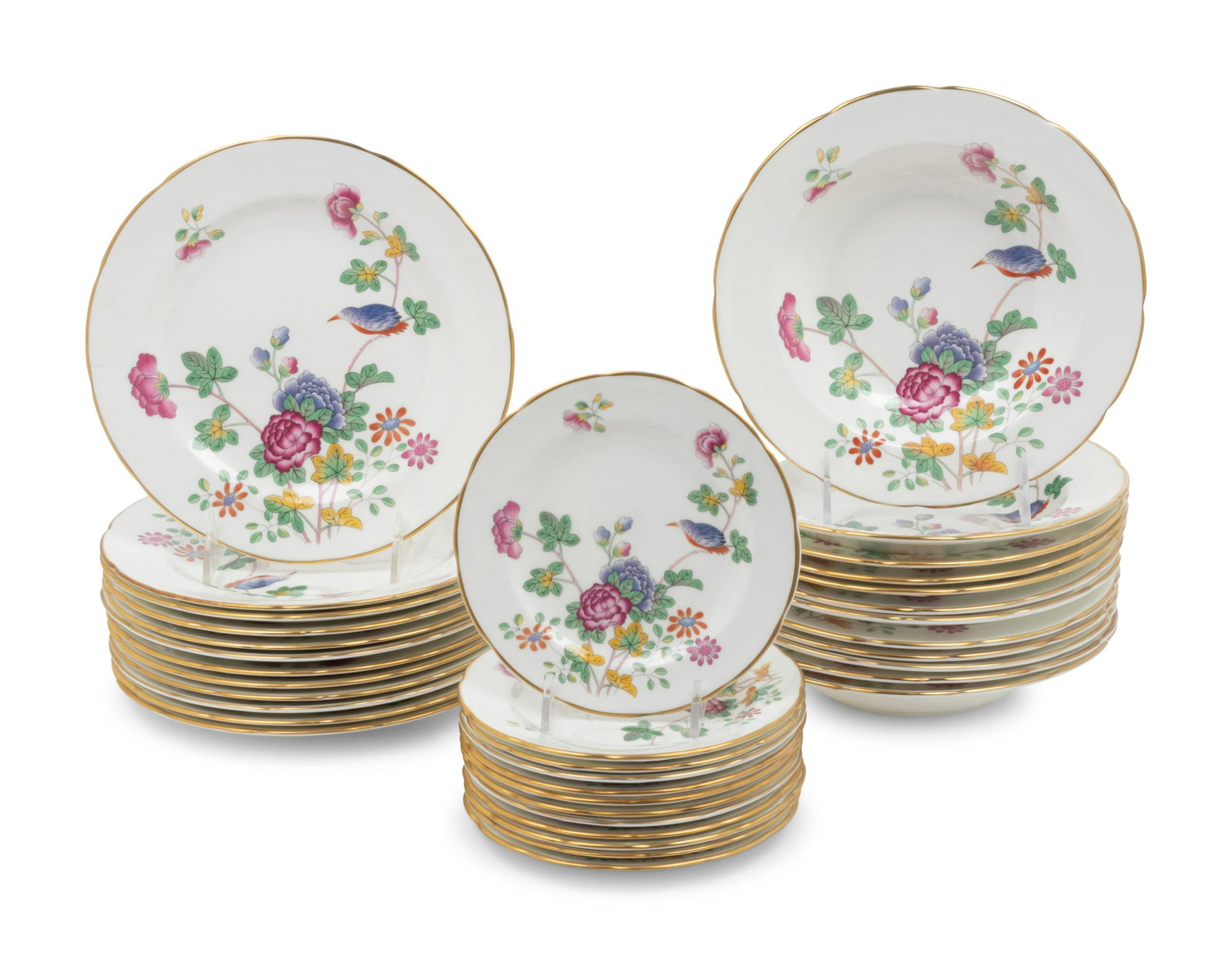 A Group of Wedgwood Cuckoo Porcelain Dinnerware: A Group of Wedgwood Cuckoo Porcelain Dinnerware Articles comprising 12 salad plates, 12 cream soup plates and 12 bread and butter plates, each with a transfer-painted Wedgwood/ Bone China/ Made in Eng