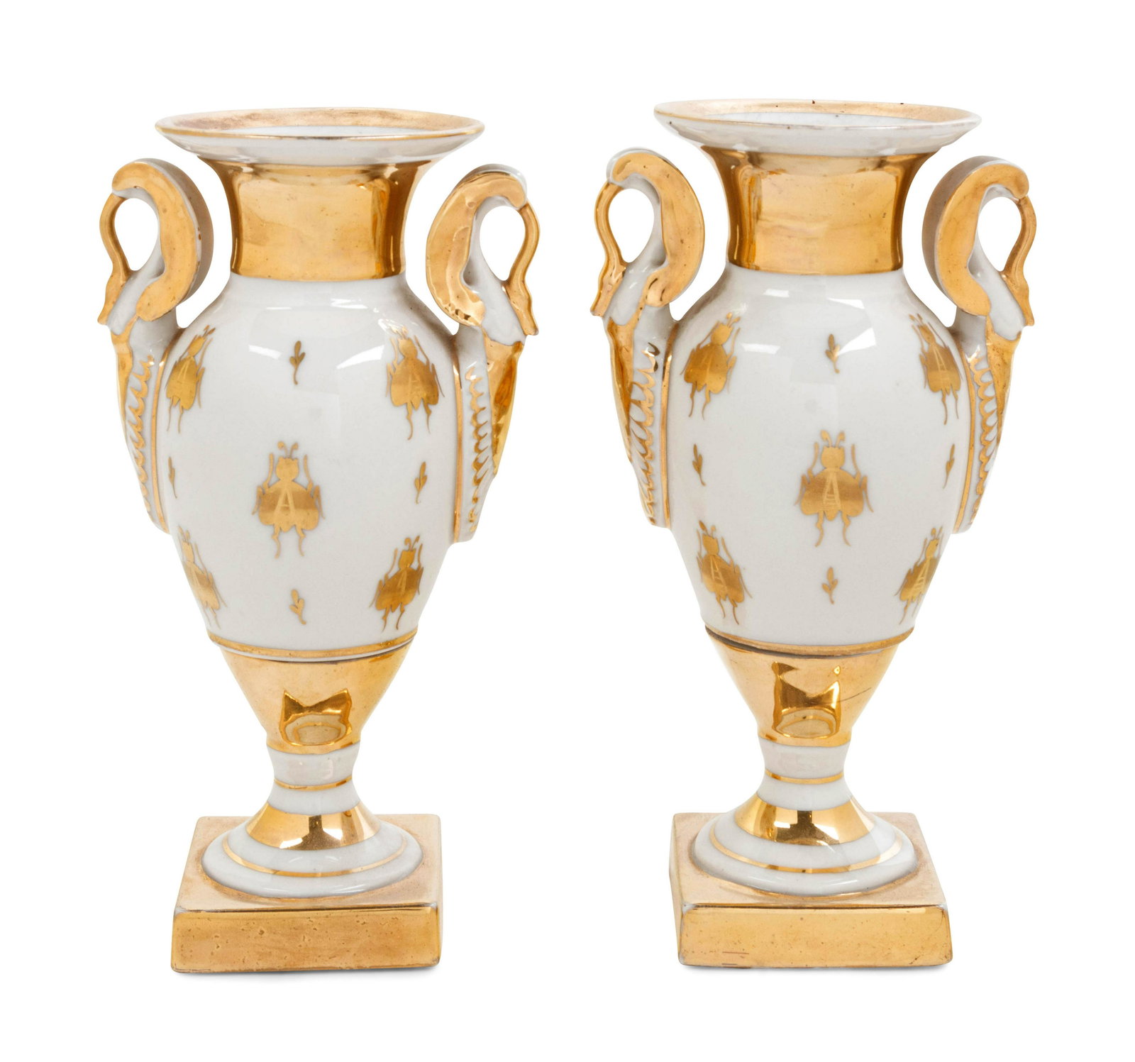 A Pair of Capodimonte Porcelain Urns: A Pair of Capodimonte Porcelain Urns marked Made in France to the underside. Height 8 inches. Property from the Estate of John D. Fornengo, Chicago, Illinois